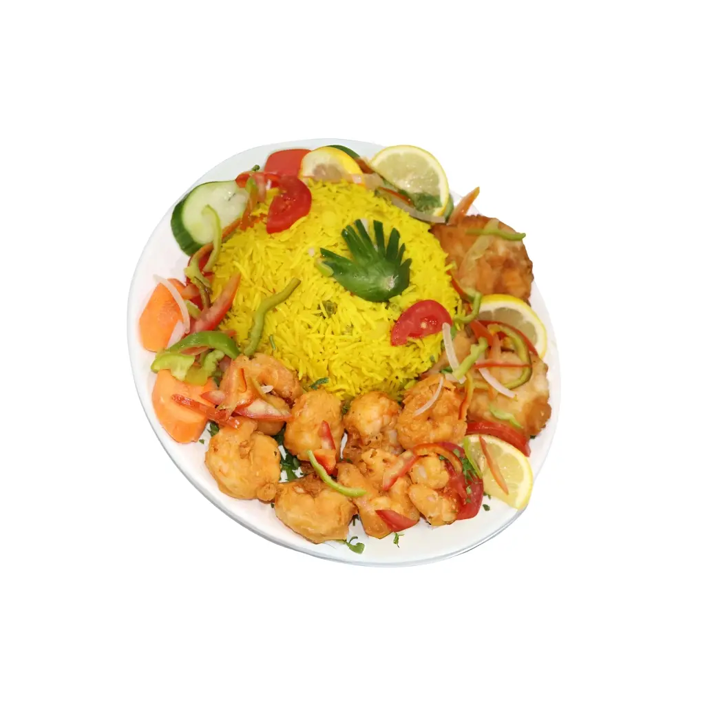 وجبة سمك وجمبري الشيف مع الأرز والسلطة